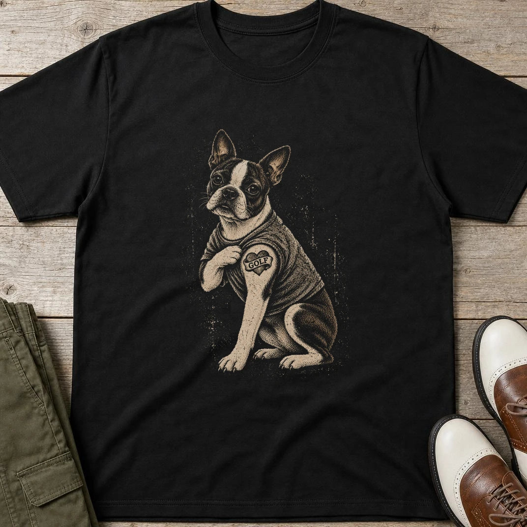 Boston Terrier Golf T-Shirt in Black lying on a plain floor. T-shirt is a unisex cut and 100 per cent cotton.
