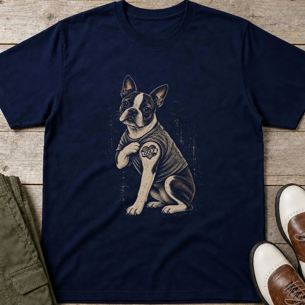 Boston Terrier Golf T-Shirt in Navy lying on a plain floor. T-shirt is a unisex cut and 100 per cent cotton.