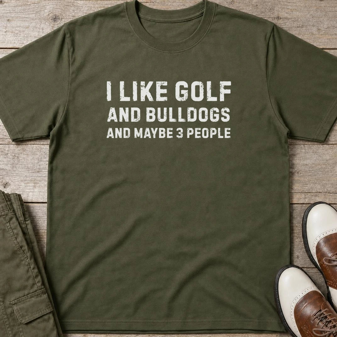 Bulldogs T-Shirt in Military Green lying on a plain floor. T-shirt is a unisex cut and 100 per cent cotton.