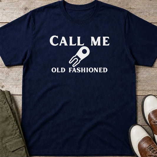 Call Me T-Shirt in Navy lying on a plain floor. T-shirt is a unisex cut and 100 per cent cotton.