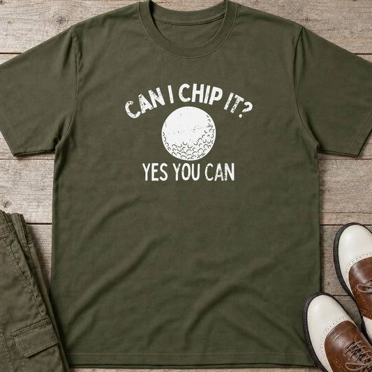Can I Chip It T-Shirt in Military Green lying on a plain floor. T-shirt is a unisex cut and 100 per cent cotton.