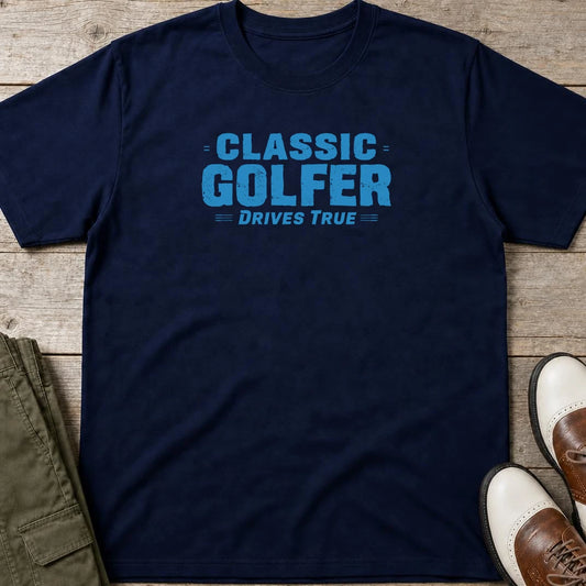 Drives True T-Shirt in Navy lying on a plain floor. T-shirt is a unisex cut and 100 per cent cotton.
