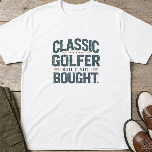 Classic Golfer W T-Shirt in lying on a plain floor. T-shirt is a unisex cut and 100 per cent cotton.