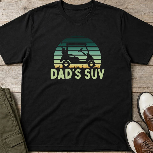 Dad's SUV T-Shirt in Black lying on a plain floor. T-shirt is a unisex cut and 100 per cent cotton.