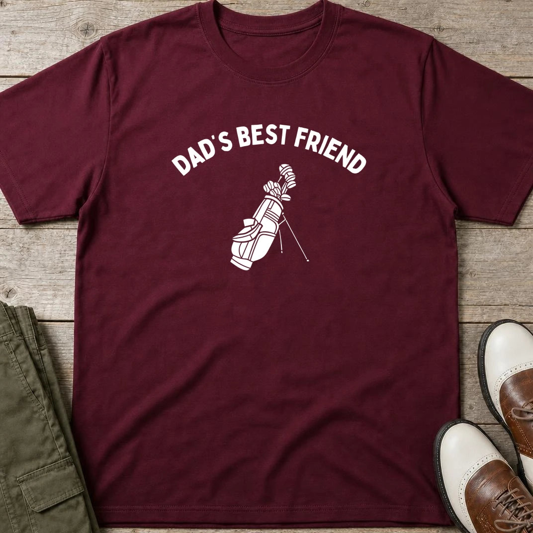 Dad's Best Friend T-Shirt in Maroon lying on a plain floor. T-shirt is a unisex cut and 100 per cent cotton.