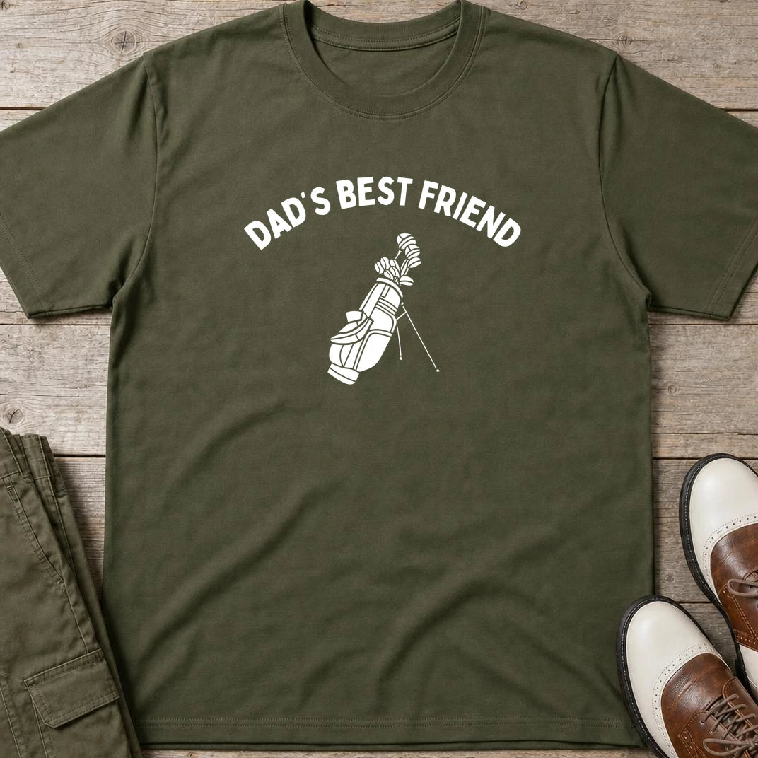 Dad's Best Friend T-Shirt in Military Green lying on a plain floor. T-shirt is a unisex cut and 100 per cent cotton.