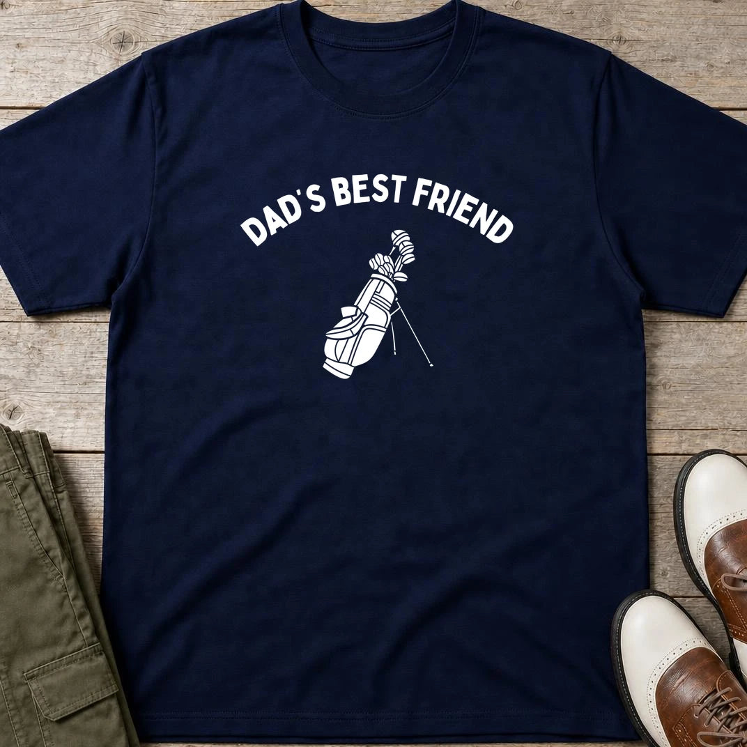 Dad's Best Friend T-Shirt in Navy lying on a plain floor. T-shirt is a unisex cut and 100 per cent cotton.
