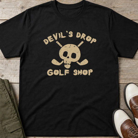 Devil's Drop T-Shirt in Black lying on a plain floor. T-shirt is a unisex cut and 100 per cent cotton.