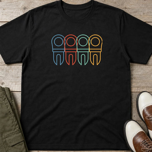 Divot Rainbow T-Shirt in Black lying on a plain floor. T-shirt is a unisex cut and 100 per cent cotton.