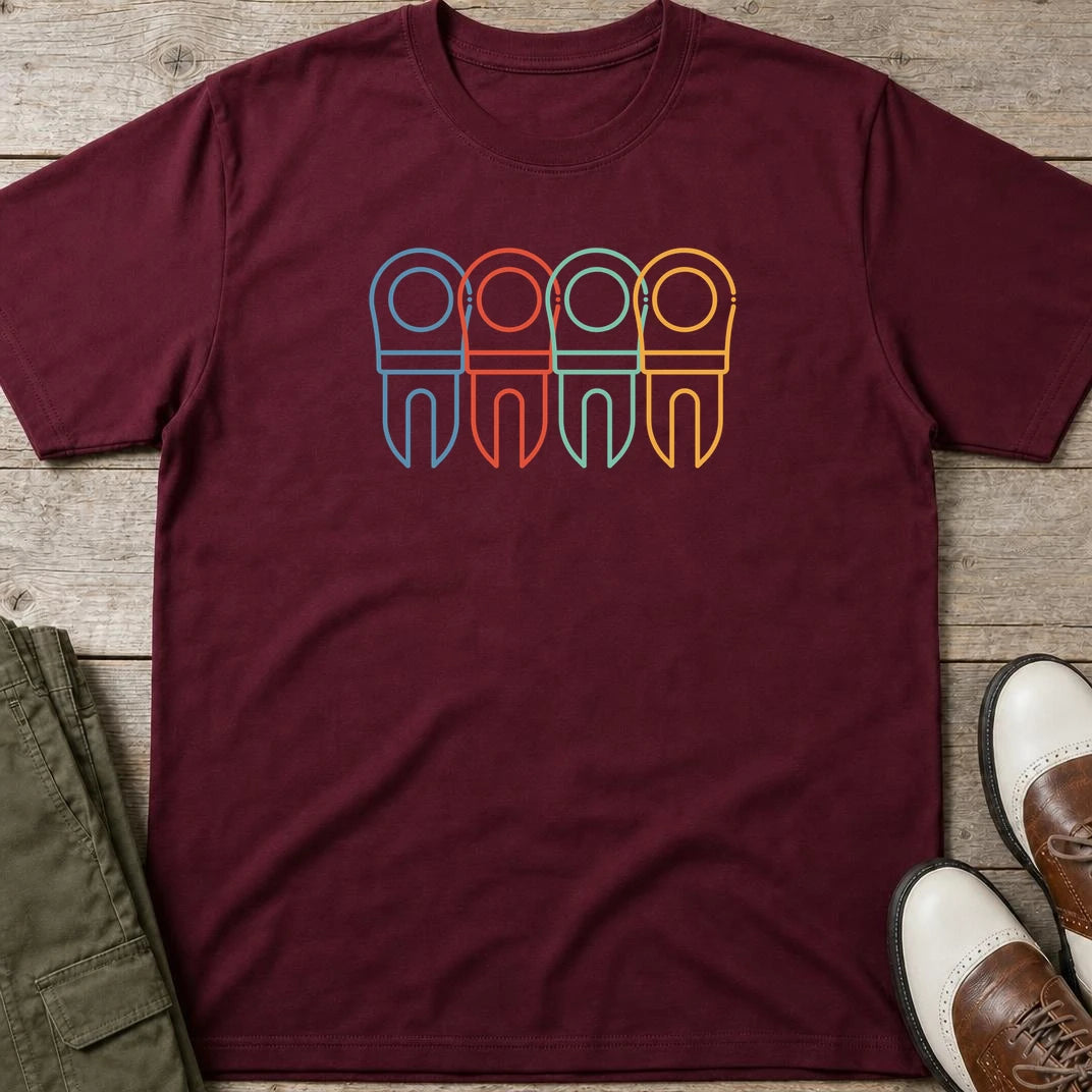Divot Rainbow T-Shirt in Maroon lying on a plain floor. T-shirt is a unisex cut and 100 per cent cotton.