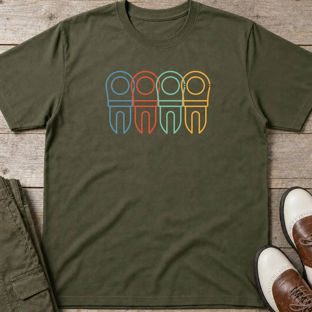 Divot Rainbow T-Shirt in Military Green lying on a plain floor. T-shirt is a unisex cut and 100 per cent cotton.