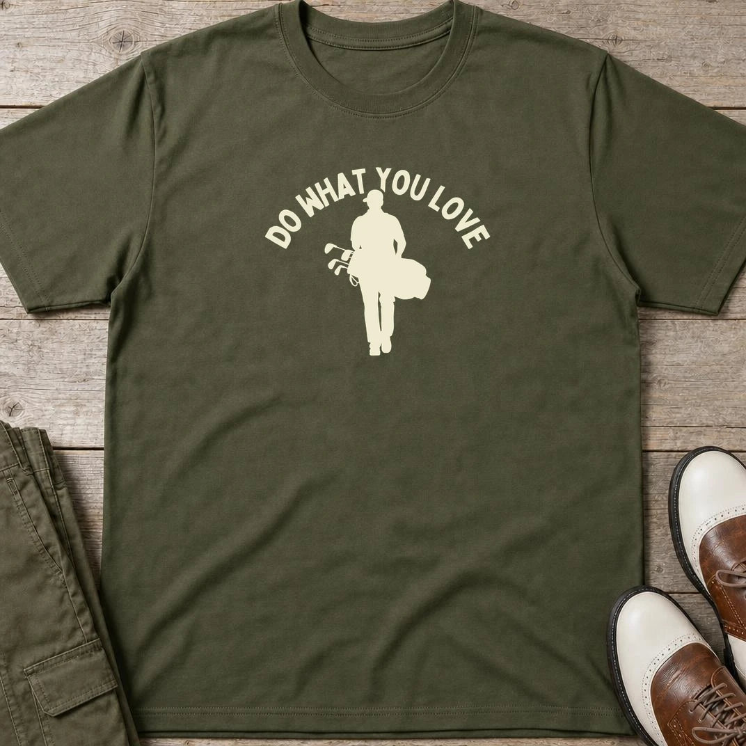 Do What You Love T-Shirt in Military Green lying on a plain floor. T-shirt is a unisex cut and 100 per cent cotton.