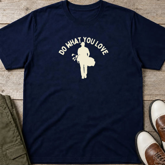 Do What You Love T-Shirt in Navy lying on a plain floor. T-shirt is a unisex cut and 100 per cent cotton.