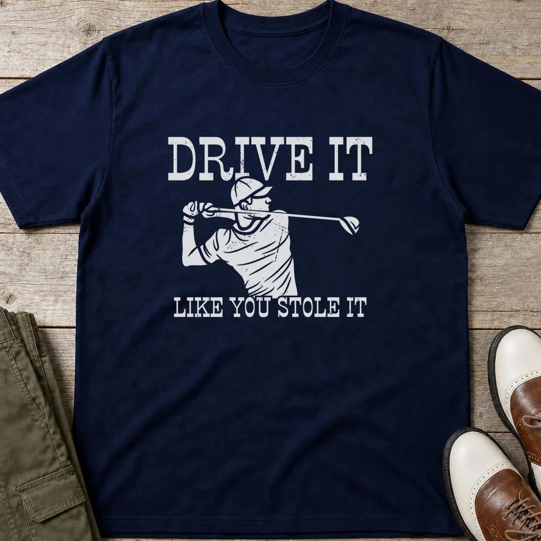 Stole It T-Shirt in Navy lying on a plain floor. T-shirt is a unisex cut and 100 per cent cotton.