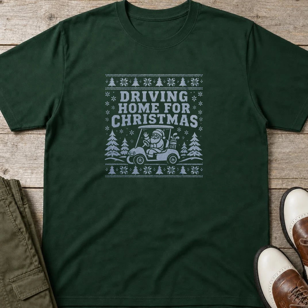 Driving Home T-Shirt in Forest Green lying on a plain floor. T-shirt is a unisex cut and 100 per cent cotton.