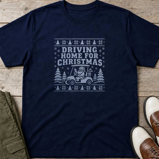 Driving Home T-Shirt in Navy lying on a plain floor. T-shirt is a unisex cut and 100 per cent cotton.
