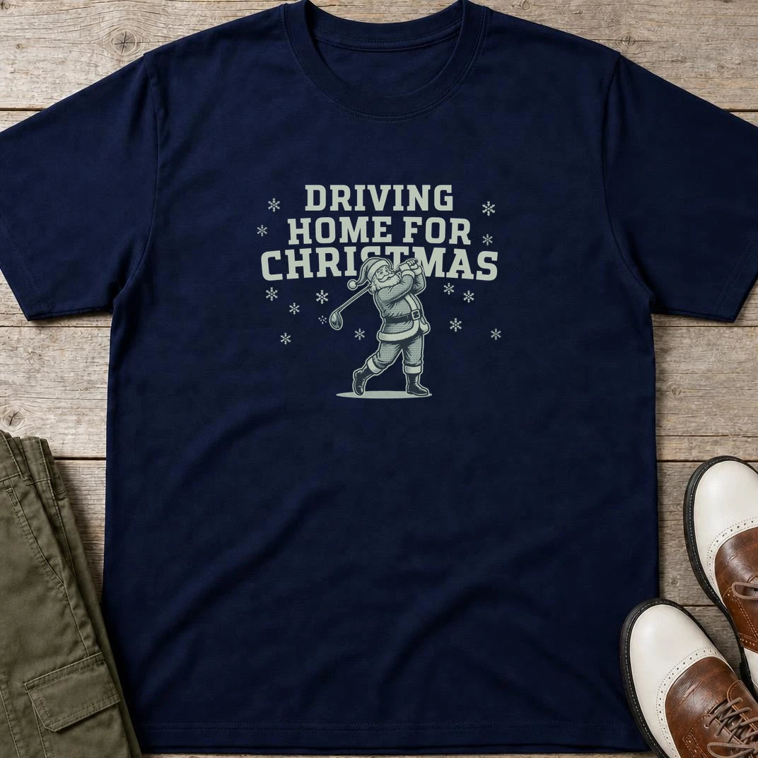 Driving Home II T-Shirt in Navy lying on a plain floor. T-shirt is a unisex cut and 100 per cent cotton.