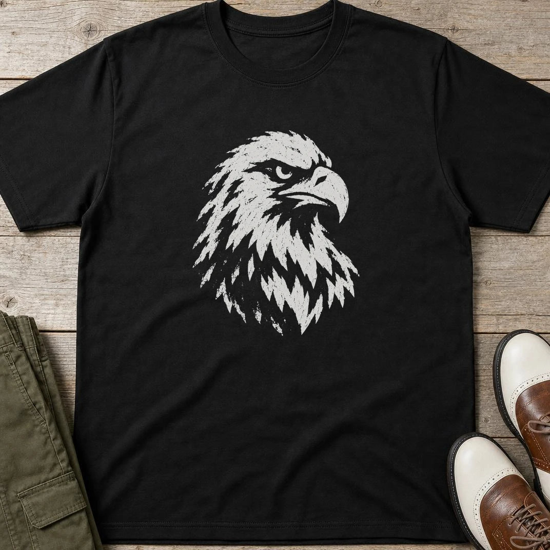 Eagle Graphic T-Shirt in Black lying on a plain floor. T-shirt is a unisex cut and 100 per cent cotton.