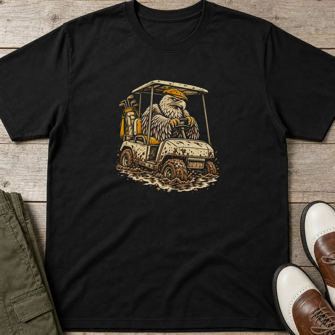 Eagle Cart T-Shirt in Black lying on a plain floor. T-shirt is a unisex cut and 100 per cent cotton.