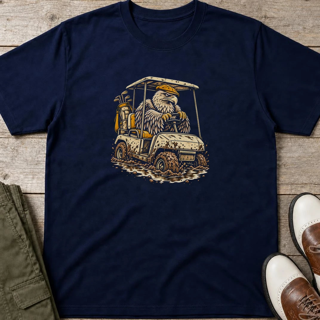 Eagle Cart T-Shirt in Navy lying on a plain floor. T-shirt is a unisex cut and 100 per cent cotton.