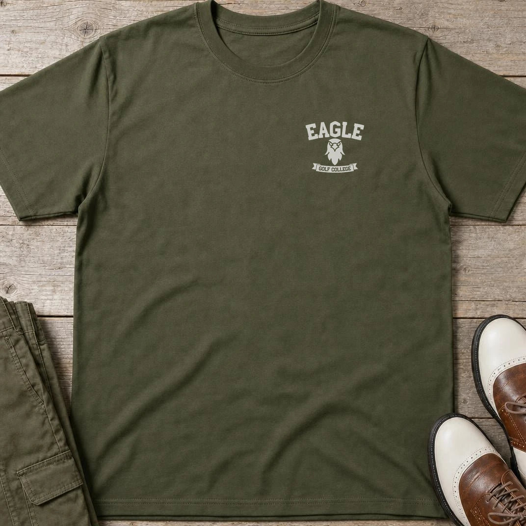 Eagle College Pocket T-Shirt in Military Green lying on a plain floor. T-shirt is a unisex cut and 100 per cent cotton.