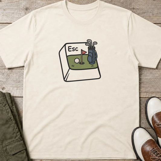 Esc T-Shirt in lying on a plain floor. T-shirt is a unisex cut and 100 per cent cotton.
