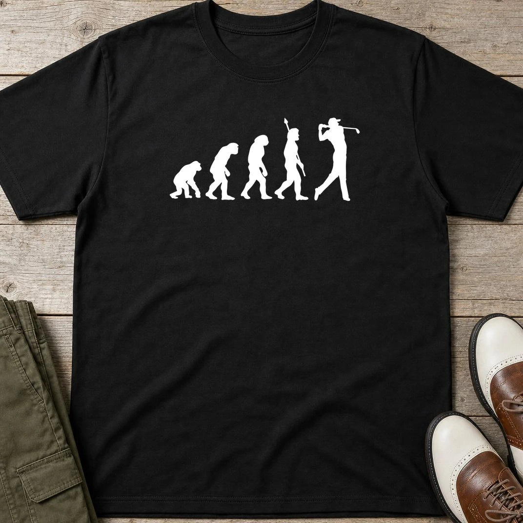 Evolution T-Shirt in Black lying on a plain floor. T-shirt is a unisex cut and 100 per cent cotton.