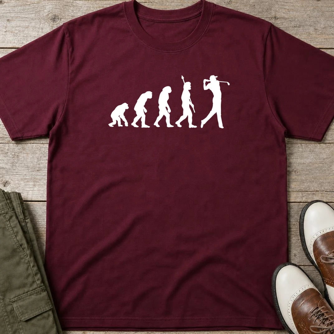Evolution T-Shirt in Maroon lying on a plain floor. T-shirt is a unisex cut and 100 per cent cotton.