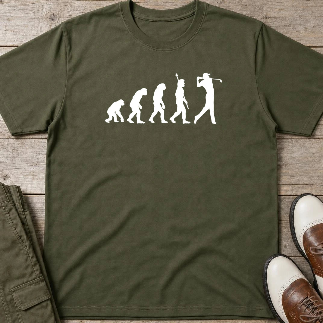 Evolution T-Shirt in Military Green lying on a plain floor. T-shirt is a unisex cut and 100 per cent cotton.