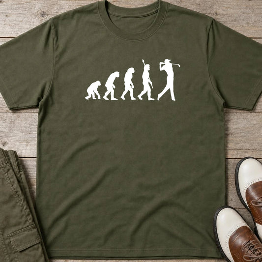 Evolution T-Shirt in Military Green lying on a plain floor. T-shirt is a unisex cut and 100 per cent cotton.
