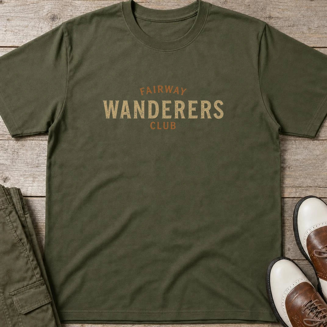 Fairway Wanderers T-Shirt in Military Green lying on a plain floor. T-shirt is a unisex cut and 100 per cent cotton.