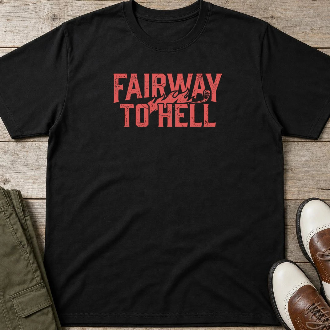 Fairway To Hell II T-Shirt in Black lying on a plain floor. T-shirt is a unisex cut and 100 per cent cotton.