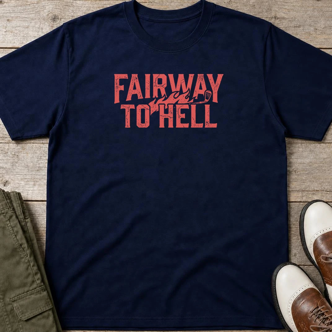 Fairway To Hell II T-Shirt in Navy lying on a plain floor. T-shirt is a unisex cut and 100 per cent cotton.