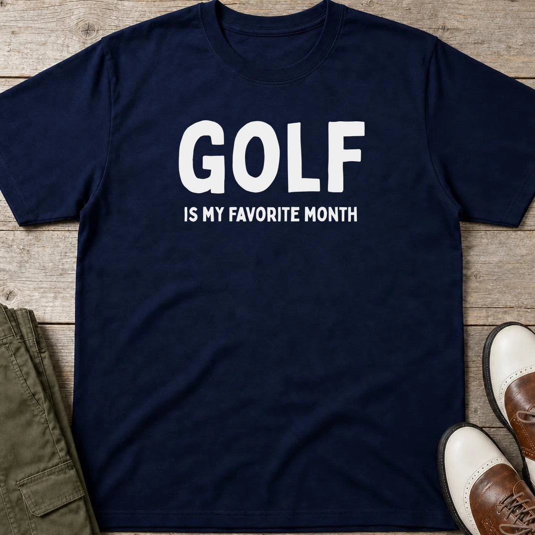 Favorite Month T-Shirt in Navy lying on a plain floor. T-shirt is a unisex cut and 100 per cent cotton.