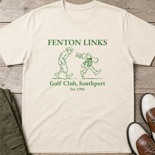 Fenton Links T-Shirt in Natural lying on a plain floor. T-shirt is a unisex cut and 100 per cent cotton.