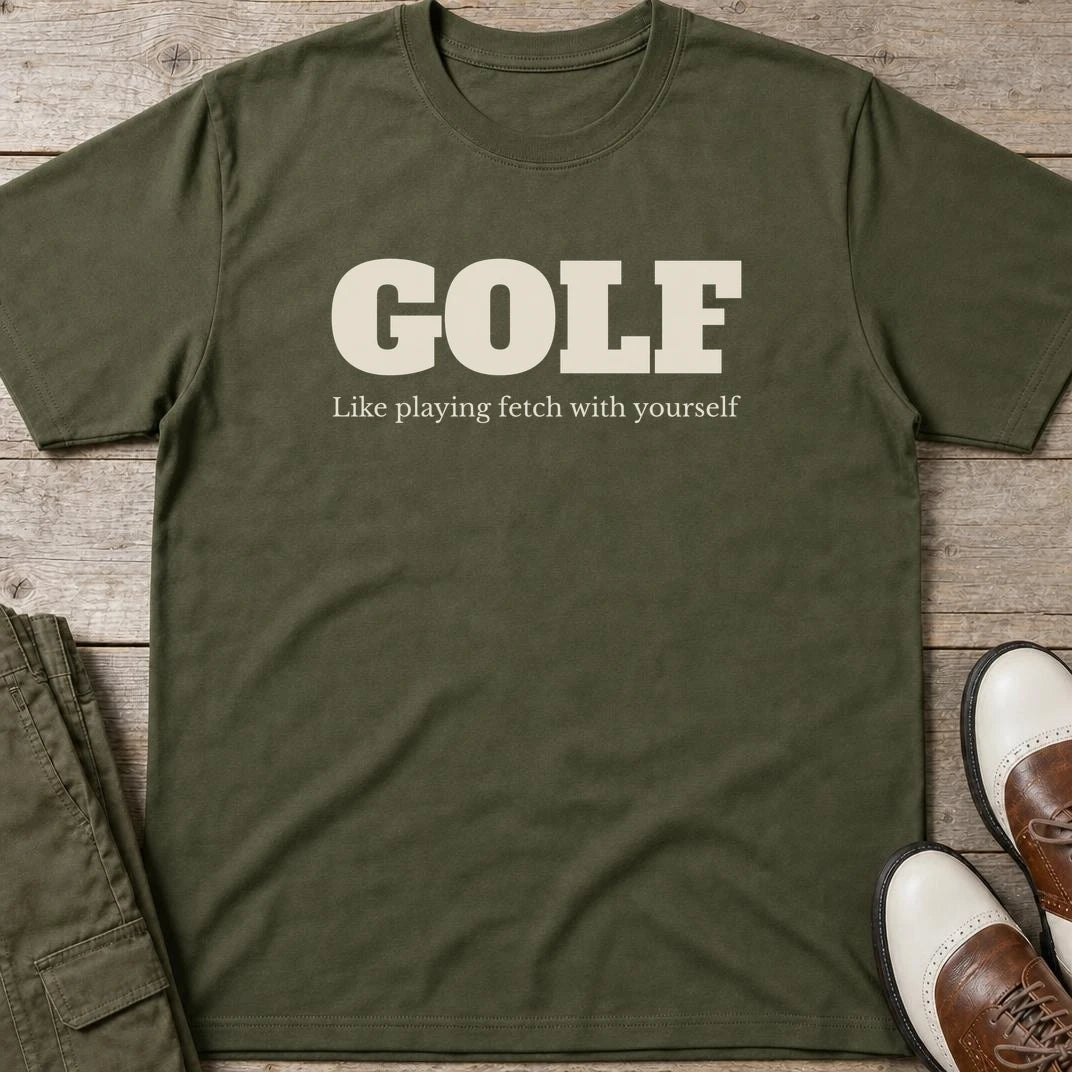 Fetch T-Shirt in Military Green lying on a plain floor. T-shirt is a unisex cut and 100 per cent cotton.