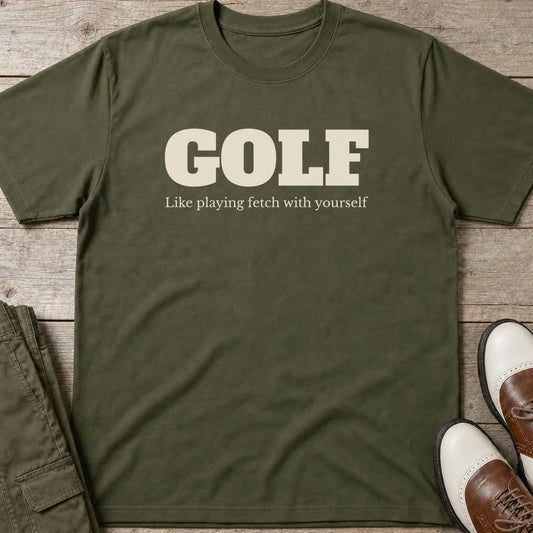 Fetch T-Shirt in Military Green lying on a plain floor. T-shirt is a unisex cut and 100 per cent cotton.