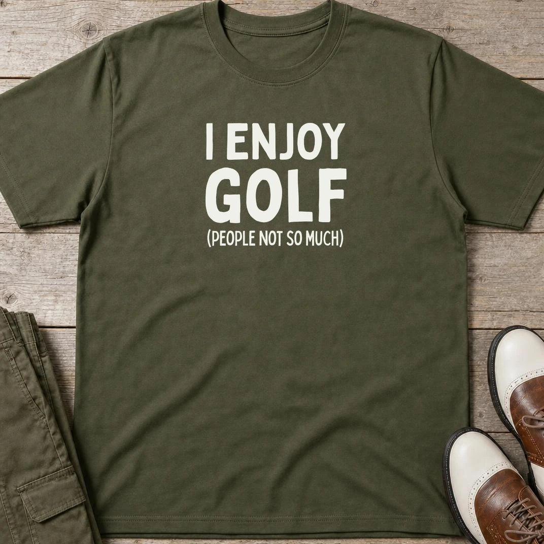 I Enjoy Golf T-Shirt in Military Green lying on a plain floor. T-shirt is a unisex cut and 100 per cent cotton.