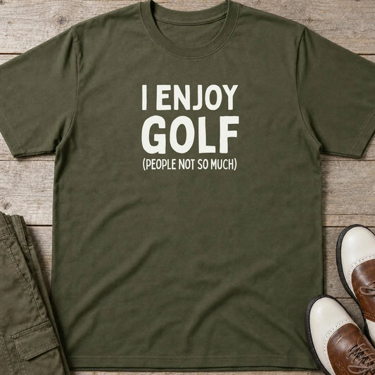 I Enjoy Golf T-Shirt in Military Green lying on a plain floor. T-shirt is a unisex cut and 100 per cent cotton.