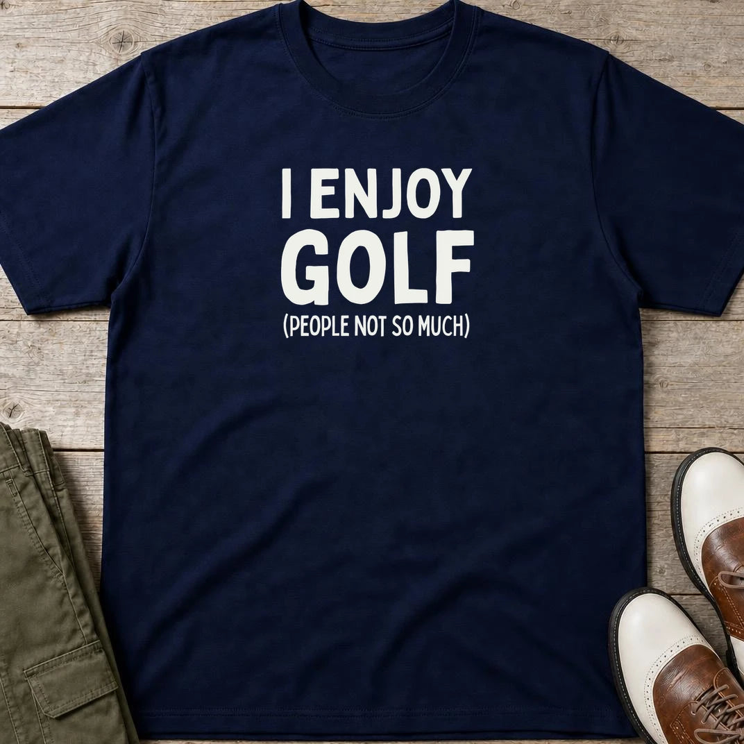 I Enjoy Golf T-Shirt in Navy lying on a plain floor. T-shirt is a unisex cut and 100 per cent cotton.