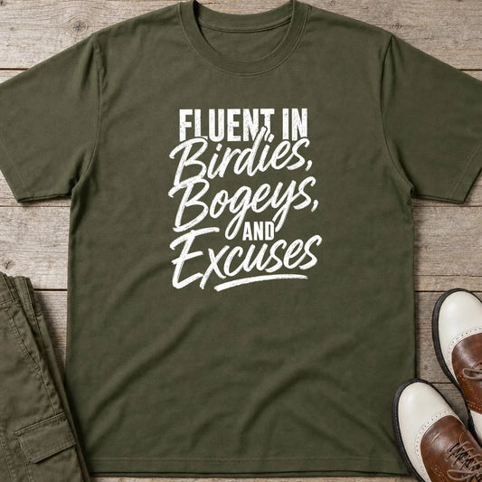 Fluent In Birdies T-Shirt in Military Green lying on a plain floor. T-shirt is a unisex cut and 100 per cent cotton.