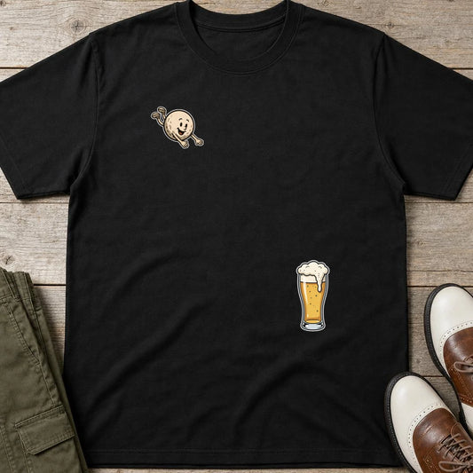 Flying Golf & Beer T-Shirt in Black lying on a plain floor. T-shirt is a unisex cut and 100 per cent cotton.