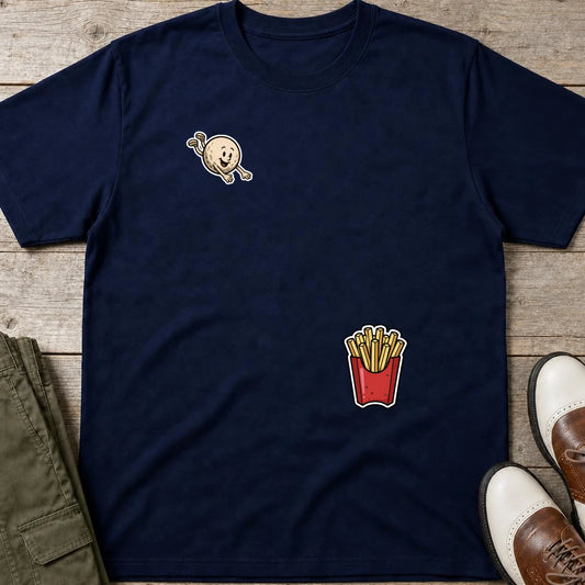 Flying Golf & Fries T-Shirt in Navy lying on a plain floor. T-shirt is a unisex cut and 100 per cent cotton.