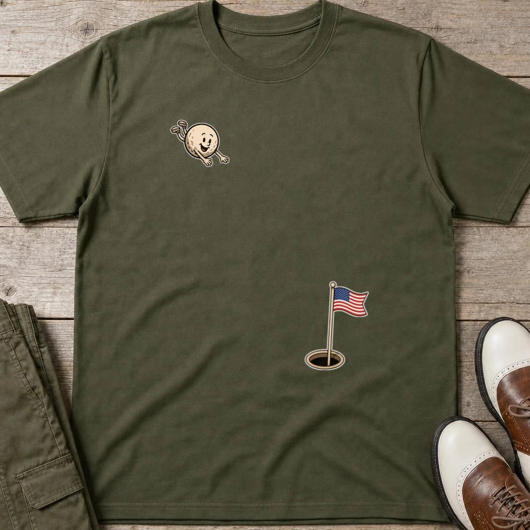 Flying Golf USA T-Shirt in Military Green lying on a plain floor. T-shirt is a unisex cut and 100 per cent cotton.