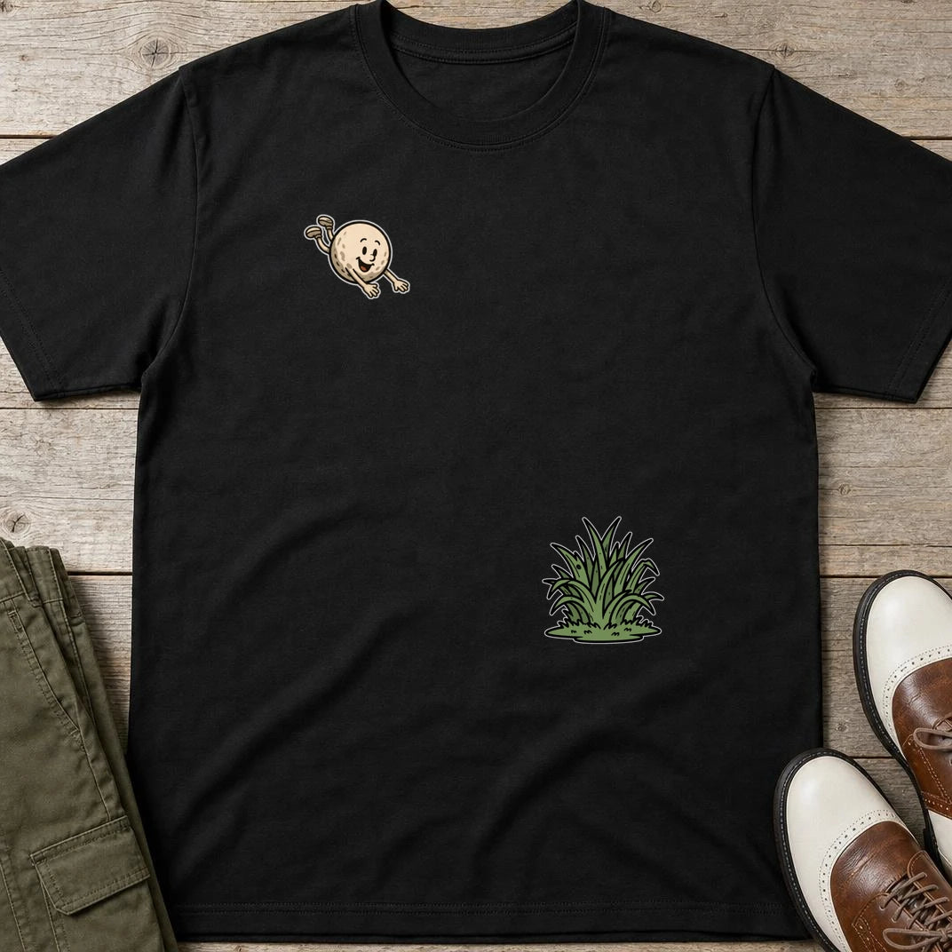 Flying Into Rough T-Shirt in Black lying on a plain floor. T-shirt is a unisex cut and 100 per cent cotton.