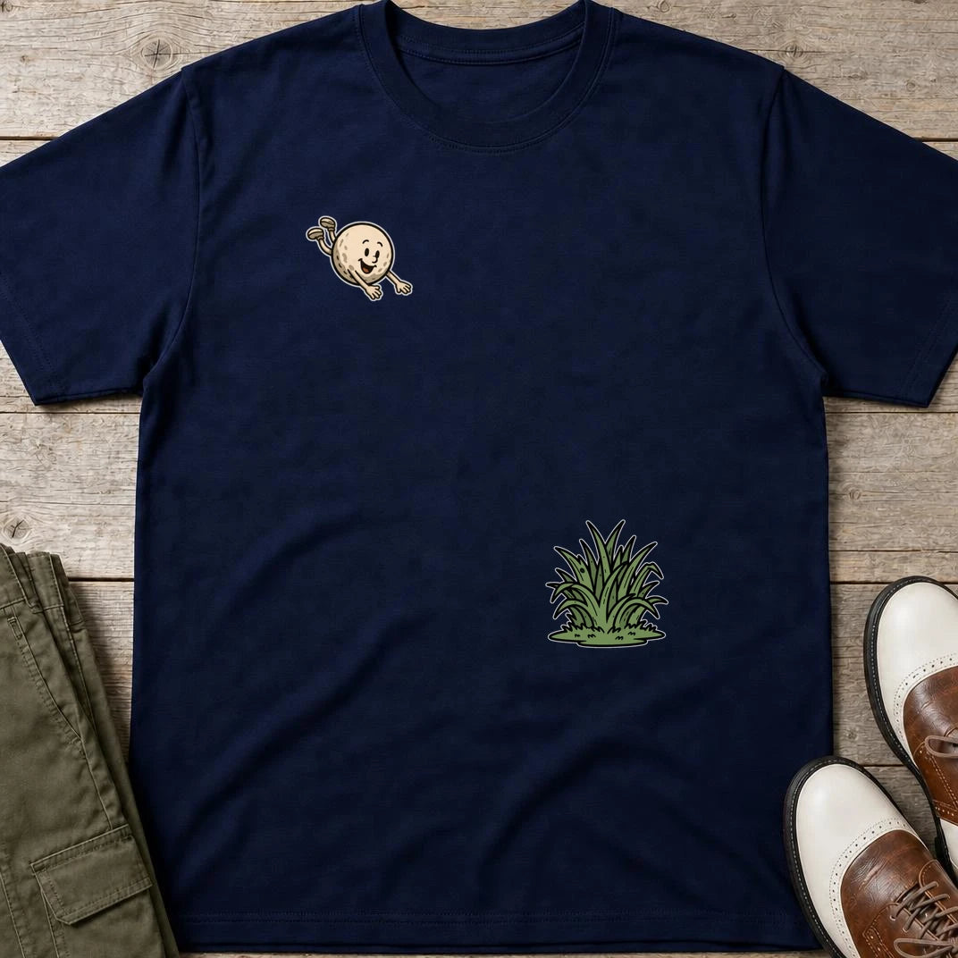 Flying Into Rough T-Shirt in Navy lying on a plain floor. T-shirt is a unisex cut and 100 per cent cotton.