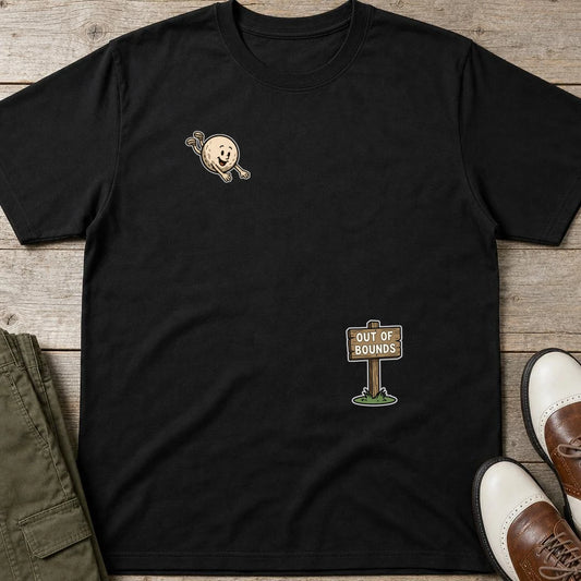 Flying Out Of Bounds T-Shirt in Black lying on a plain floor. T-shirt is a unisex cut and 100 per cent cotton.