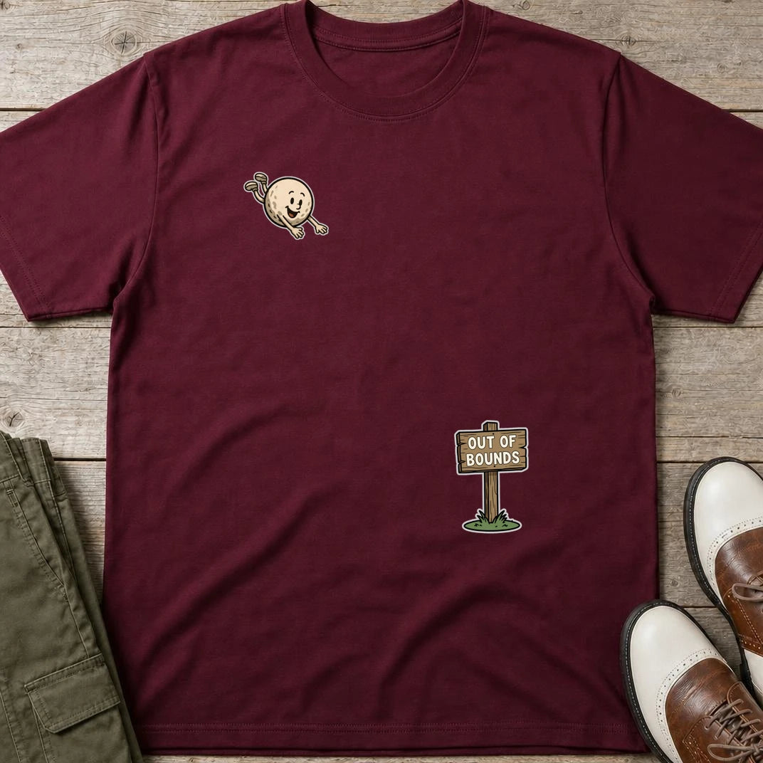 Flying Out Of Bounds T-Shirt in Maroon lying on a plain floor. T-shirt is a unisex cut and 100 per cent cotton.