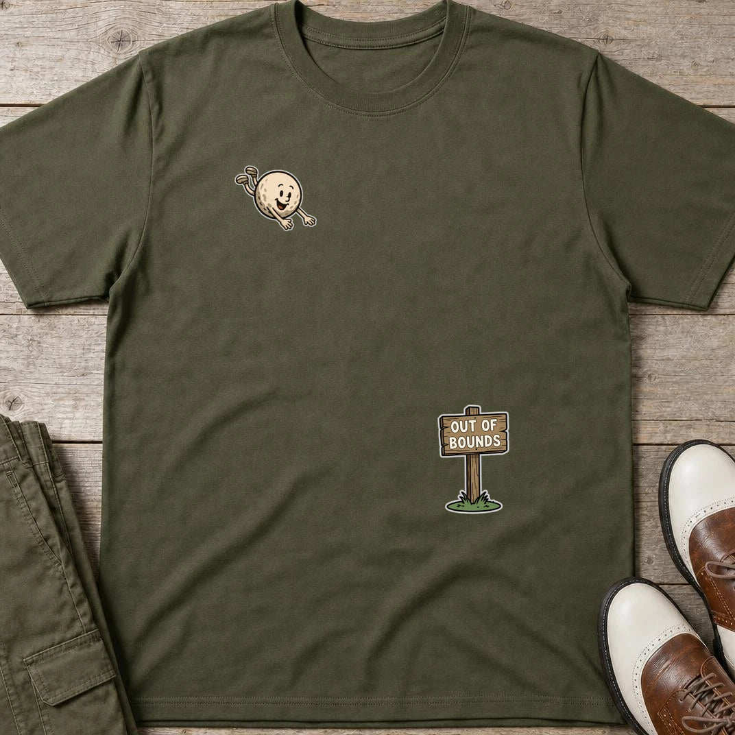 Flying Out Of Bounds T-Shirt in Military Green lying on a plain floor. T-shirt is a unisex cut and 100 per cent cotton.