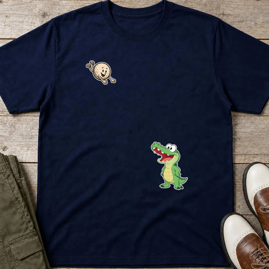 Flying Golf Croc T-Shirt in Navy lying on a plain floor. T-shirt is a unisex cut and 100 per cent cotton.